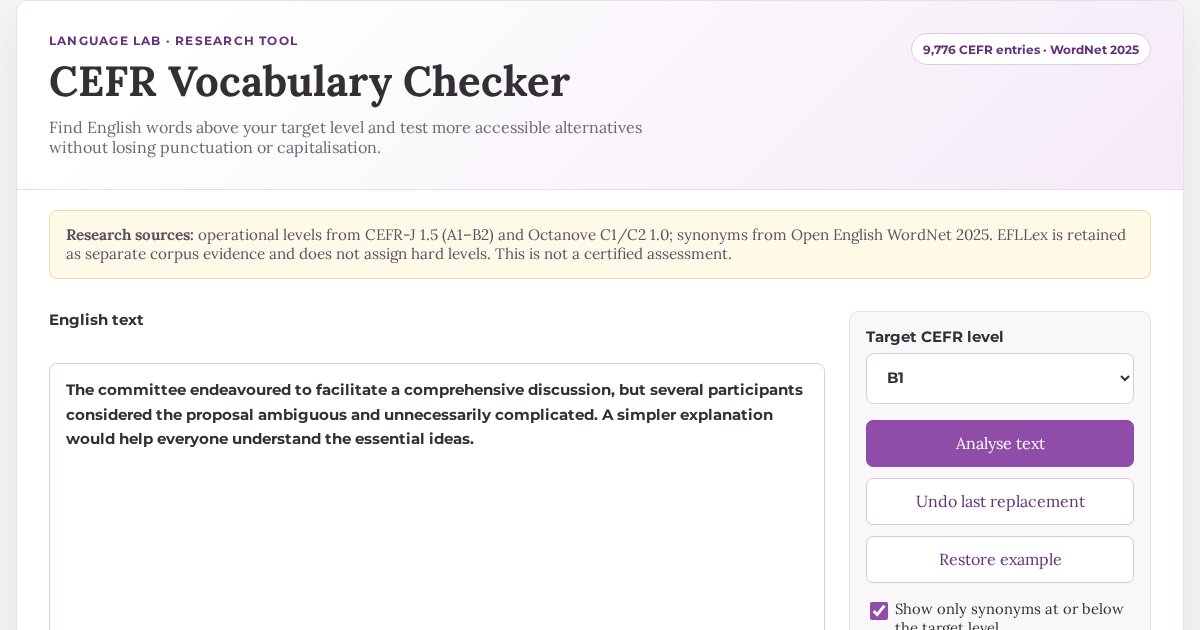 CEFR Vocabulary Checker interface for analysing an English text against a target level
